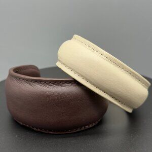 Leather Cuff Bangle Bracelet Set Brown Cream Wide Padded